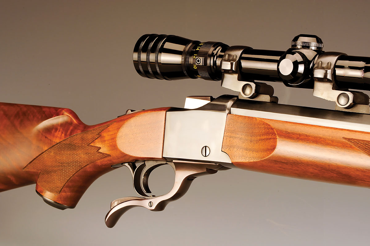 Closer in, more of the detailing of the Ruger rifle is shown here. The action was patterned after the famed Farquharson action with the underlever as the release mechanism to drop the falling block for loading/unloading. The finish on wood and metal is first-class.